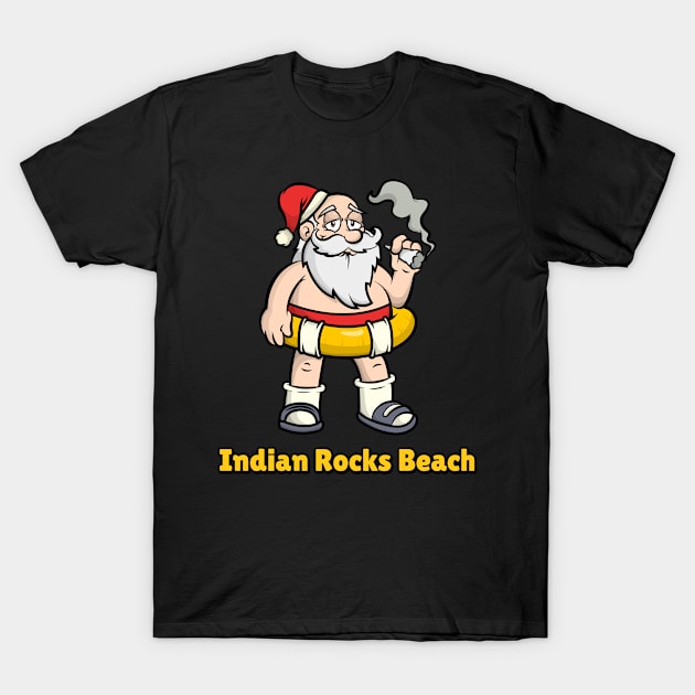 Indian Rocks Beach Funny Lazy and Naked Santa Clause Smoking a Joint with a Swim Tube Around Him, Funny Christmas Gift T-Shirt by AbsurdStore